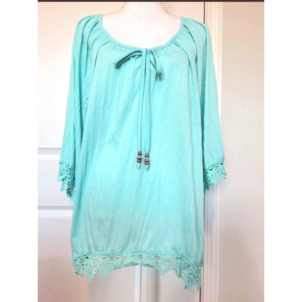 French Laundry Womens Size XL Aqua Tunic Top With Crochet Trim & Beads Boho